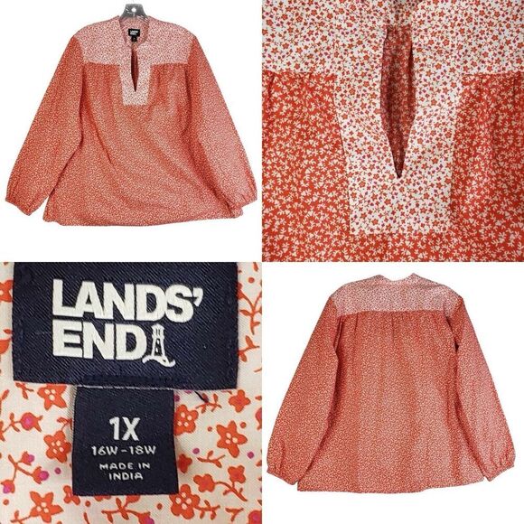 Lands End Shirt Womens Plus Size 1X Cottage Floral Popover LS Poplin Cotton - Picture 1 of 10